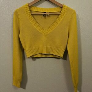 Divided‎ Cropped V Neck Knit Sweater Long Sleeve Yellow Y2K Size XS